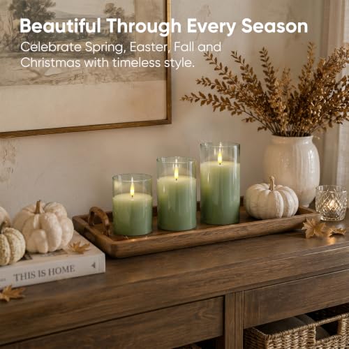 Image of Homemory Rechargeable Sage Green Glass Flameless Candles with Remote Timer, 3 Pack