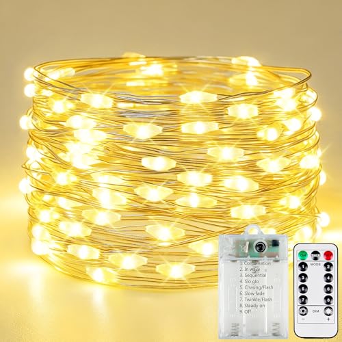 Image of Fairy Lights Battery Operated 80 LED 26FT Remote Twinkle Lights Warm White | 8 Modes, Timer, Waterproof & Cuttable Wire, Battery String Lights for Outdoor Indoor Fireplace Window Cabinet Christmas Decor