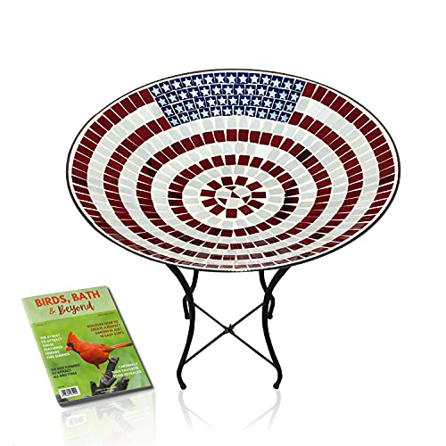 Glass Birdbath With Stand - 24 Inch Mosaic American Flag Pattern | Glass Bowl With Metal Stand | Yard Art And Garden Art | 16.3" Diameter 24.4" Tall | Backyard Expressions #TOP7