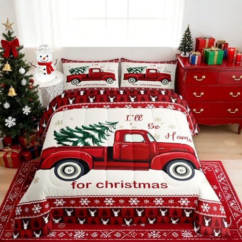 Homewish Red Xmas Truck Comforter Set Twin Size,Geometric Snowflake Antlers Plaid Bedding for Winter Room Decor,Merry Christmas Tree Quilted Duvet Vintage Trailer Bedspread,2pcs(CLS56ZMDI-BZ_USt)