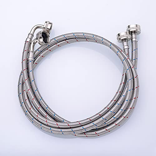 2-Pack Premium Stainless Steel Braided Hose with 90 Degree Brass Elbow Washing Machine Hoses,4 Ft Burst Proof Red and Blue Striped Water Connection Inlet Supply Lines