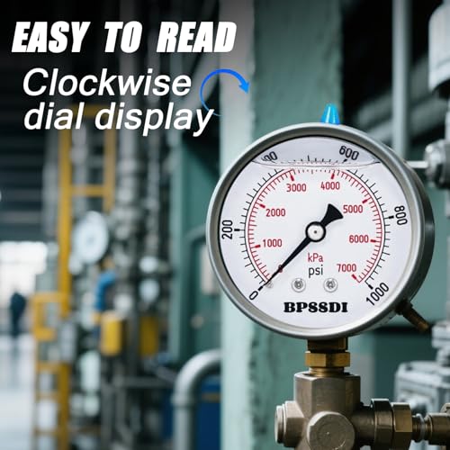 Image of 0-1000 Psi Glycerin Liquid Filled Hydraulic Pressure Gauge, 2.5 inch Dial Size, 1 /4 inch NPT Lower Mount, 304 Stainless Steel Case, for Water Oil Air Gas Pressure Test