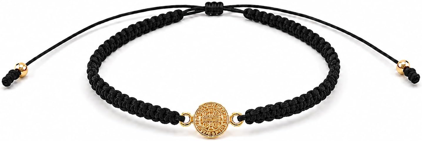 St Benedict 14k gold-filled Medal Hand-braided Bracelet, Waterproof, Assorted Colors, 5.5 inch wrist
