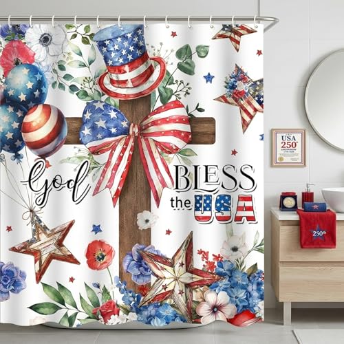 ZCHOMI 4th of July Shower Curtain God Bless USA 250th Anniversary Red Blue Floral Cross Independence Day Star Patriotic Bathroom Curtain Waterproof Fabric Bath Curtain 72 x 72 Inch with 12 Hooks