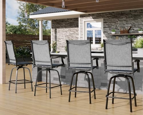 Image of PHI VILLA Outdoor Swivel Patio Bar Stools Set of 4, 30 Inch Bar Height Tall Patio Chairs with Back & Armrest, Durable Textilene Fabric in Grey for Deck Lawn Garden