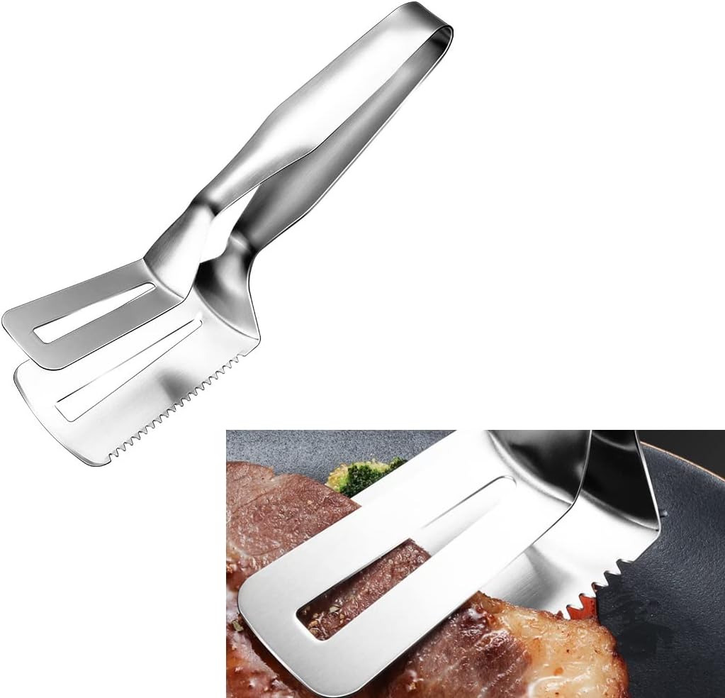 Steak Clamp With Teeth, Multifunctional SUS 304 Steel Food Flipping Spatula Tongs Clip for Beefsteak Bread Hamburger BBQ Meats Pizza Pies Fish Turner Kitchen Shovel