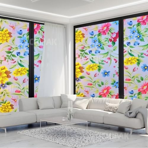 Image of CHIPAK Premium Vinyl Privacy Stained Window Glass Film (18x84 Inch) - Self-Adhesive Decorative Sticker Opaque Sheet Tint Wallpaper for Glass Cover Window, Door, Office, Home.| Anti-UV. Peppy Flowers