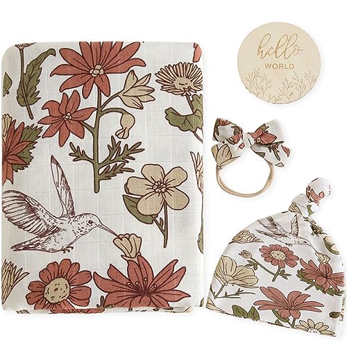 Image of LifeTree Newborn Swaddle Set with Matching Beanie Hat and Headband Bow, Wooden Birth Announcement Card, Muslin Baby Swaddle Blankets for Boys & Girls, Vintage Boho Flowers
