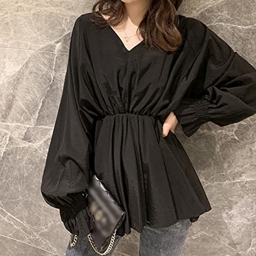 Women's Casual Puff Long Sleeve Tunic Tops V-Neck Pleated Flare Blouse T-Shirts Ruffle Chiffon Shirts with Smocked Cuffs - Image 3