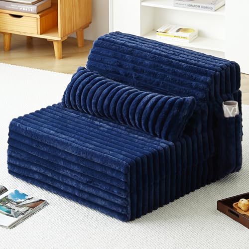 Image of Tiita Folding Sofa Bed Convertible Sleeper Chair Mattress with Pillow & Side Pocket, Thick Corduroy Floor Mattress Couch Bed, Single Size, Navy