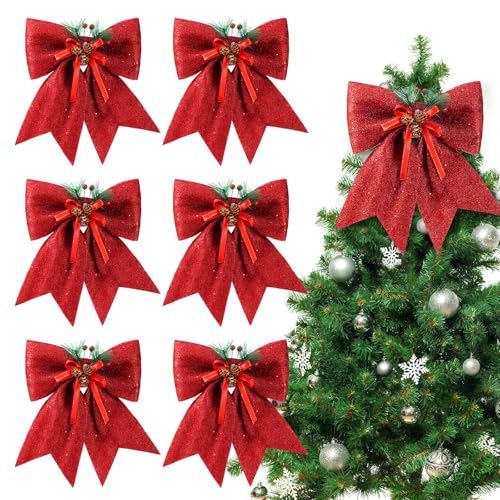 Motionchic 6 Pcs Christmas Bows - Large Glitter Christmas Decorative Wreaths Bows Xmas Tree Topper with Pine Cone for Holiday Party Indoor Outdoor Decor(11 Inch, Red)