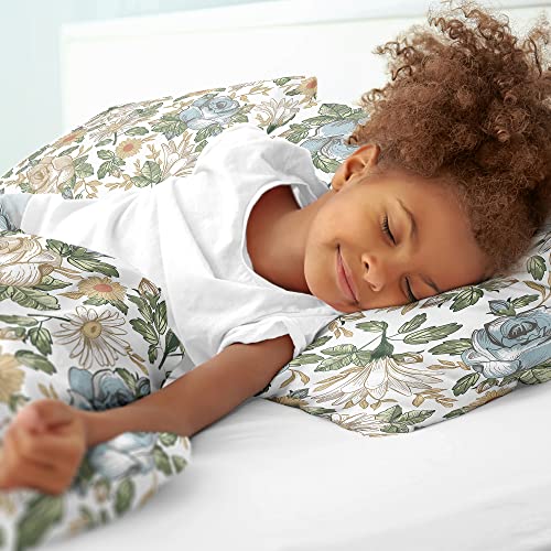 Image of Sweet Jojo Designs Vintage Floral Blue Yellow Girl Full Queen Bedding Set Kids Comforter Childrens Size - 3pcs - Slate Green Gold Orange Taupe Beige Shabby Chic Rose Flower Boho Bohemian Farmhouse