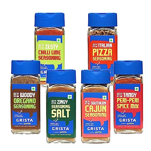 Image of CRISTA International Seasonings Combo | Oregano Seasoning x1, 50 g | Pizza Seasoning x 1, 40 g | Peri Peri x 1, 45g | Chilli Lime Seasoning x1, 50g | Cajun Seasoning x 1, 45g | Seasoning Salt, 50g
