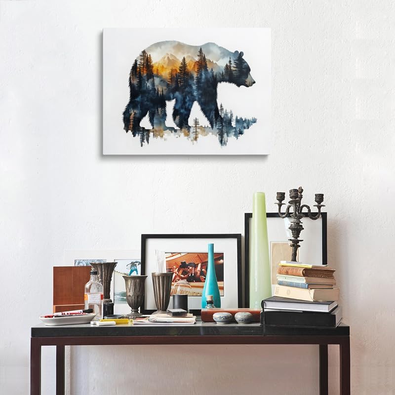 Bear Silhouette Forest Landscape Canvas Wall Art Framed Print Watercolor Painting Nature Wildlife Wall Decor Artwork Poster Sunset Colors Mountain Tree for Living Room Bedroom Office 12x16 Inches - Image 2