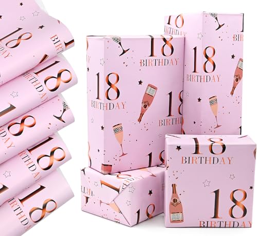 QRTDXP Pink Gift Wrapping Paper Sheets for 18th Birthday 5pcs 50 * 70cm Large 18th Birthday Paper Pink Eco-friendly Gift Wrap Perfect for Girls Woman