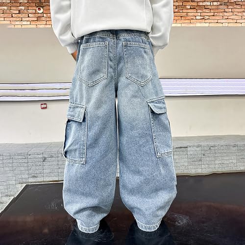 Boys Baggy Jeans for Kids Casual Elastic Waist Loose Fit Denim Pants Y2K Streetwear Wide Leg Cargo Jeans with Pockets4