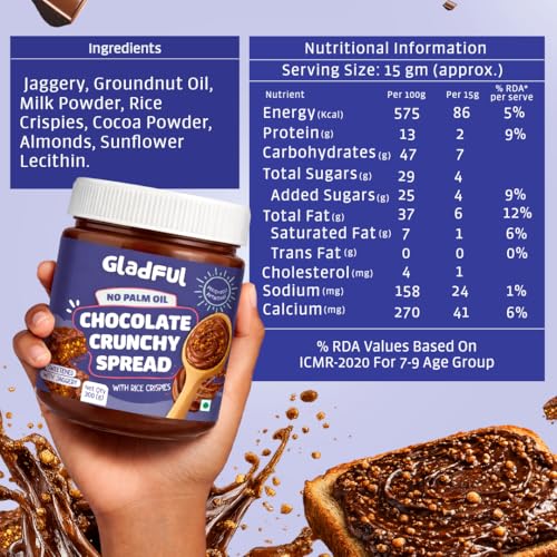 Image of Gladful Chocolate Crunchy Spread | 300g | No Palm Oil | No Refined Sugar | With Crispy Rice | Clean Ingredients | Healthy Chocolatey Spread