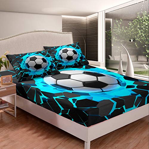 Football Bed Sheet Set Set for Sports Theme Bedroom Boys 3D Soccer Ball Pattern Fitted Sheet Kids Child Hippie Geometric Design Bedding Set Bedspread Bed Cover Room Decor 3Pcs Full Size