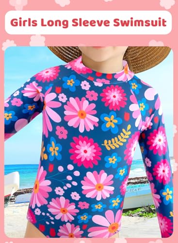 Image of Alakuoti Long Sleeve One Piece Ruffle Swimsuit for Toddler Girls Baby Girl Rashguard Shirt with UPF 50+ Sun Protection