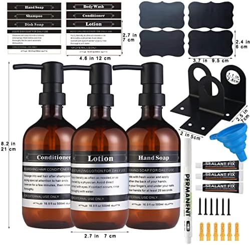 SOOKDEO Bathroom Dispenser Refillable Bottles for Shampoo Conditioner Hand Dish Soap Lotion Oil Shower Soap with Pump & Waterproof Label, 500ml, 3 Pack (Amber, With Wall Mout)