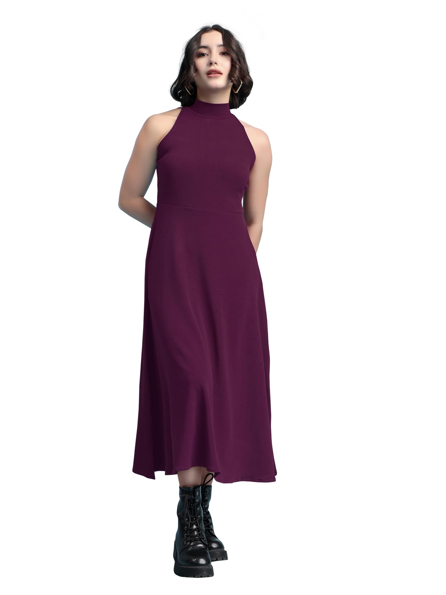 purvaja Women's Fit & Flare Midi Sleeveless High Neck Solid Dress-picture-53