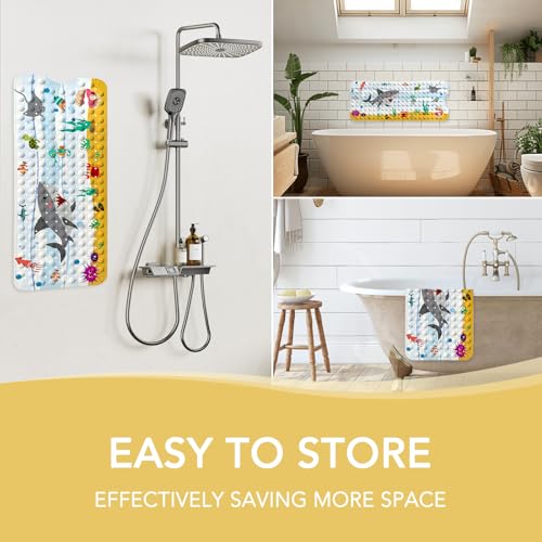 Image of PRATIQUE Kids Bath Mat for Tub Non Slip,40 X 16 Inch Extra Long Kids Bathtub Mat Ocean Bathtub Shower Mat Safety Anti Slip with Suction Cups and Drain Holes, Machine Washable(Shark)