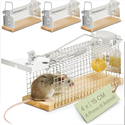 Praknu Trappola per Topi Vivi - 4 Pezzi - Rispettosa degli Animali - Riutilizzabile - Realizzata con Legno Sostenibile FSC® - Pronta all'Uso