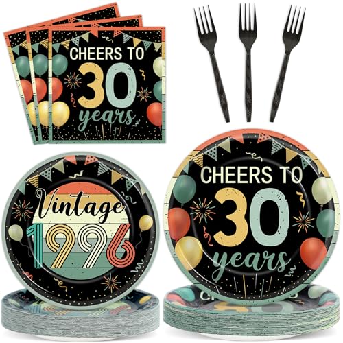 96Pcs Vintage 30th Birthday Party Decorations Back in 1996 Paper Plates and Napkins Cheers to 30 Years Disposable Tableware Set for Men Women 30 Year Old Birthday Anniversary Party Supplies Serves 24