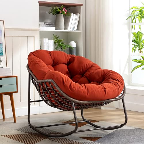 Image of SLEERWAY Large Indoor Outdoor Rocking Chair, Oversized Rocking Papasan Chair with Thick Cushion and Frame Outdoor Rocker, Comfy Wicker Egg Chairs Lounge for Outside Porch Patio Backyard Balcony (Red)
