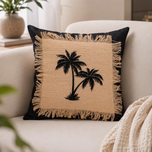 Image of Pink Meadow Bloom Embroidered & Midnight Palms Fringed Cushion Cover | Hidden Zipper | Pack of 1 (Midnight Palm)