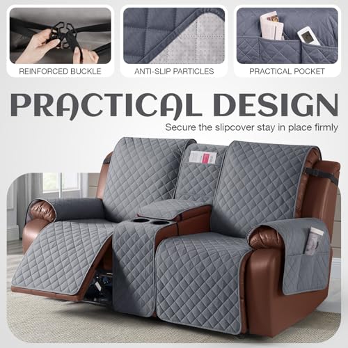 Image of KinCam 100% Waterproof Recliner Loveseat Cover with Console, Non-Slip Reclining Couch Covers for 2 Seat, Recliner Sofa Cover Furniture Protector with Elastic Straps for Kids, Pets, Dark Gray