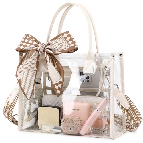 Image of Clear Tote Bag Stadium Events Transparent Clear Purse for Women Thick PVC Shoulder Bag with Guitar Strap for Concert