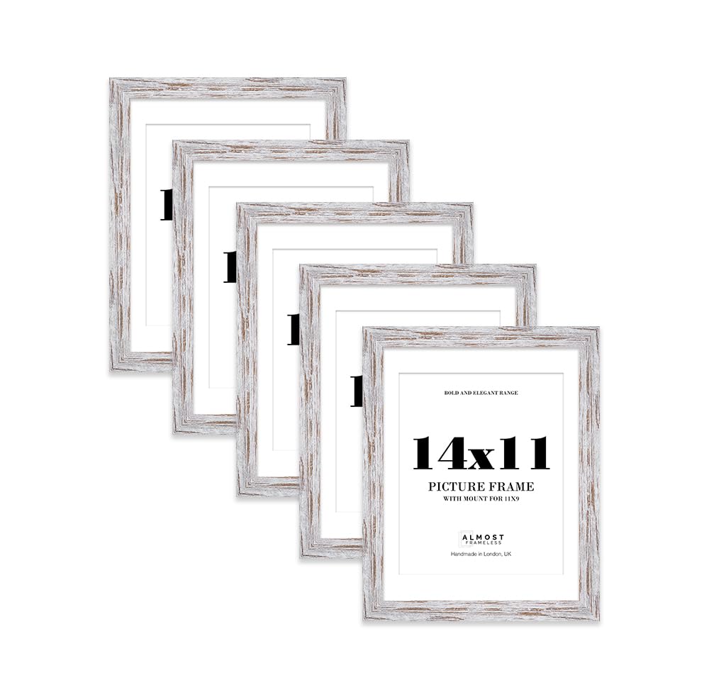 14x11 Distressed Wood Frame With Mount for 11x9 Pictures 28mm Edge Portrait and Landscape Display with Wall Hooks and Kickstand, 5 Pack