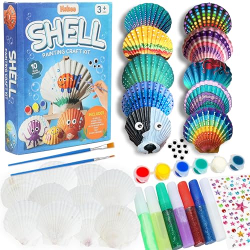 Hobee Sea Shell Painting Arts and Crafts Kit for Kids Aged 4 5 6 7 8 9 10 11 12 Year Old Creative DIY Birthday Easter Gift For Girls and Boys includes 10 Large Natural Shells