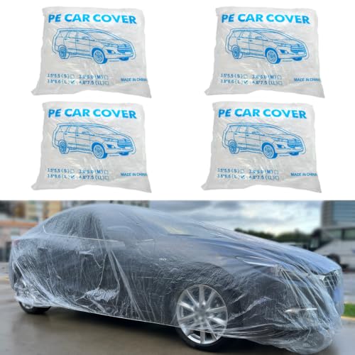 Image of Blue 4 Packs Disposable Car Cover Clear Plastic Car Cover Universal Rain Dust Garage Cover with Elastic Band Medium (12.4 FT x 21.6 FT)
