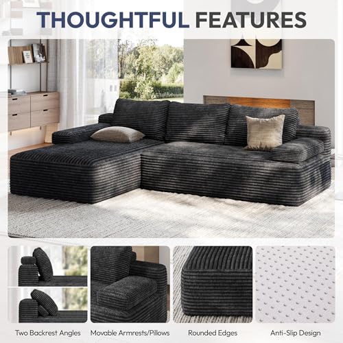 Yaheetech 110" Modular Sectional Sofa Corduroy Boneless Couch with Chaise L-Shape Cloud Couch with Detachable Pillows No Assembly Sofa for Living Room, Dark Gray - Image 5