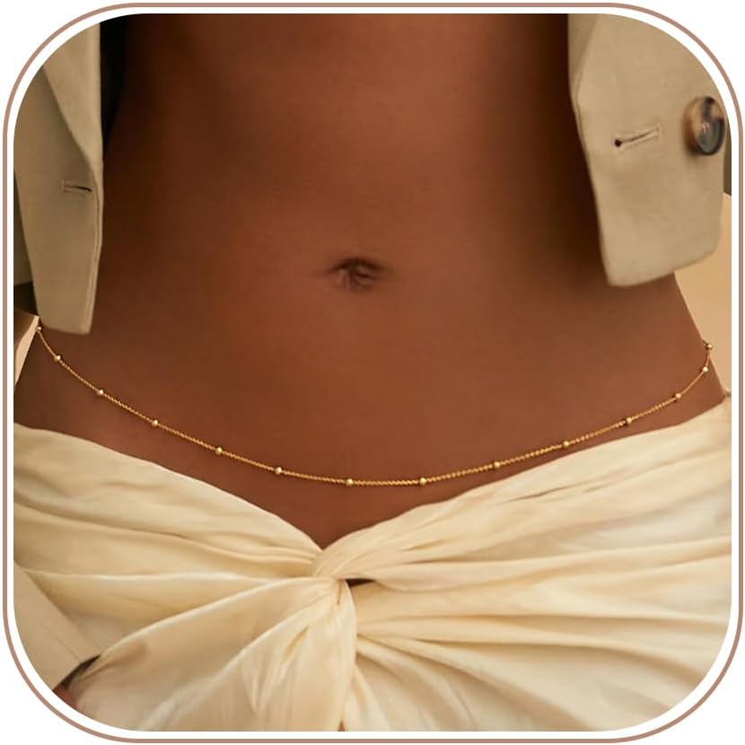 Waist Chains for Women 14K Gold Plated 2Pcs Body Chains Layered Cuban Pearl Satellite Beads Rope Coin Heart Pendant Belly Belt Body Chains Adjustable Bikini Body Jewelry for Women