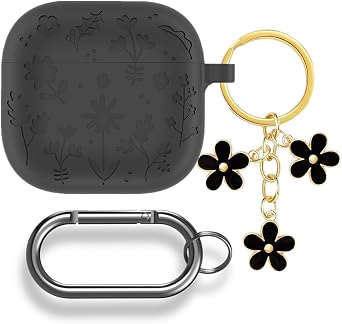 for AirPods 4 Case Cute with Keychain, Cute Flower Engraved Soft Silicone Protection Skin Compatible with Apple Air pods4 Case, Full Protective Cover for iPod 4 Cases for Women Girls, Black