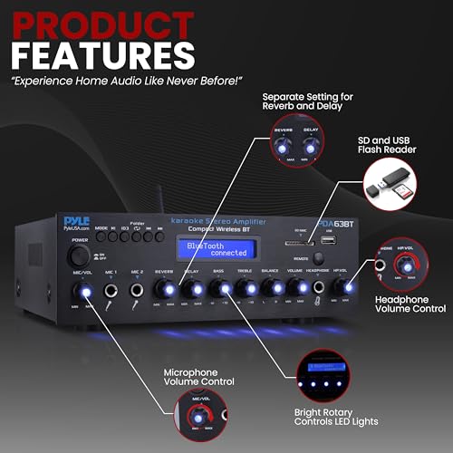 Pyle Wireless BT Stereo Amplifier - Multi Channel, 200 Watt Power, Home Audio Receiver System with FM Radio, BT, USB SD, AUX, RCA, Mic-in, BT and FM Antenna - Thumbnail 6