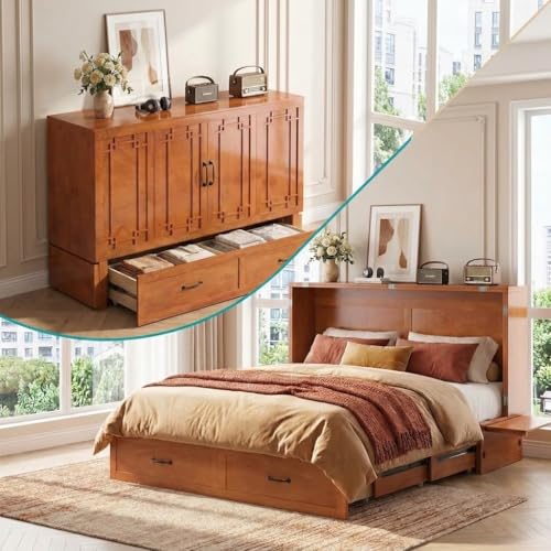 PUREMIND Queen Murphy Bed Cabinet with Mattress Included, Cabinet Beds with Storage Drawer, Murphy Chest Bed with USB Charging Station, Horizontal Murphys Wallbed for Bedroom, Guest Room