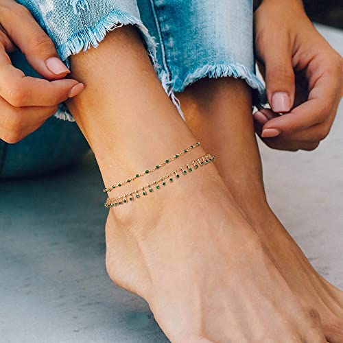 Image of MTMY Gold Anklets for Women 14K Gold Plated Tiny Bead Anklet Colorful Tassel Foot Chain Dainty Adjustable Cute Summer Beach Boho Anklets Jewelry Gift