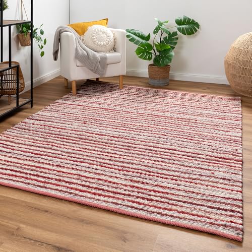 Steffensmeier Handweb Teppich Schwansee | Schurwolle | mit Fusselstopp | Rot, handgewebt, Größe: 90x160 cm Wohnzimmer und Schlafzimmer