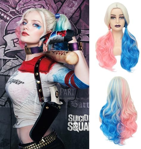 Perruques De Cosplay De Carnaval, Rose Et Bleu Avec Deux Queues De Cheval, Perruques De Cosplay De Carnaval Pour Fête Costumée D'Halloween