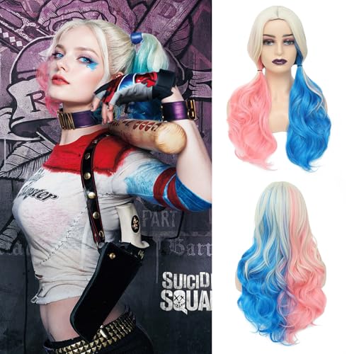 ENTRANCED STYLES Pink and Blue Cosplay Wig - Long Curly Synthetic Fiber for Women Wavy Suicide Squad Style for Halloween Party