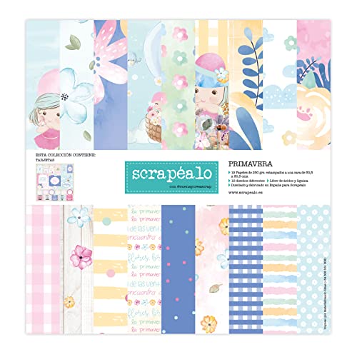 Primavera: Colección de 18 papeles para scrapbooking con 2 hojas de diecuts incluidas | tamaño de 30,5 x 30,5 cm. | papel de 250 gr./m² | Impresos a color a una cara | 18 diseños distintos.