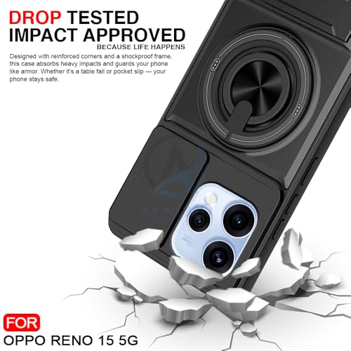 Image of AESTMO Oppo Reno 15 5G Back Cover | Armor Camera Slider 360 Degree Rotating Finger Ring Holder Case with Bracket Stand Back Case Cover for Oppo Reno 15 5G (Compatible with MagSafe Accessories) (Black)