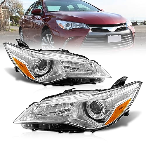 AXLAHA Fit 2015-2017 Toyota Camry Headlights Assembly for 15-17 Camry Chrome Housing Headlamp with Clear Lens Reflector Replacement Driver+Passenger Side(Bulbs not included)