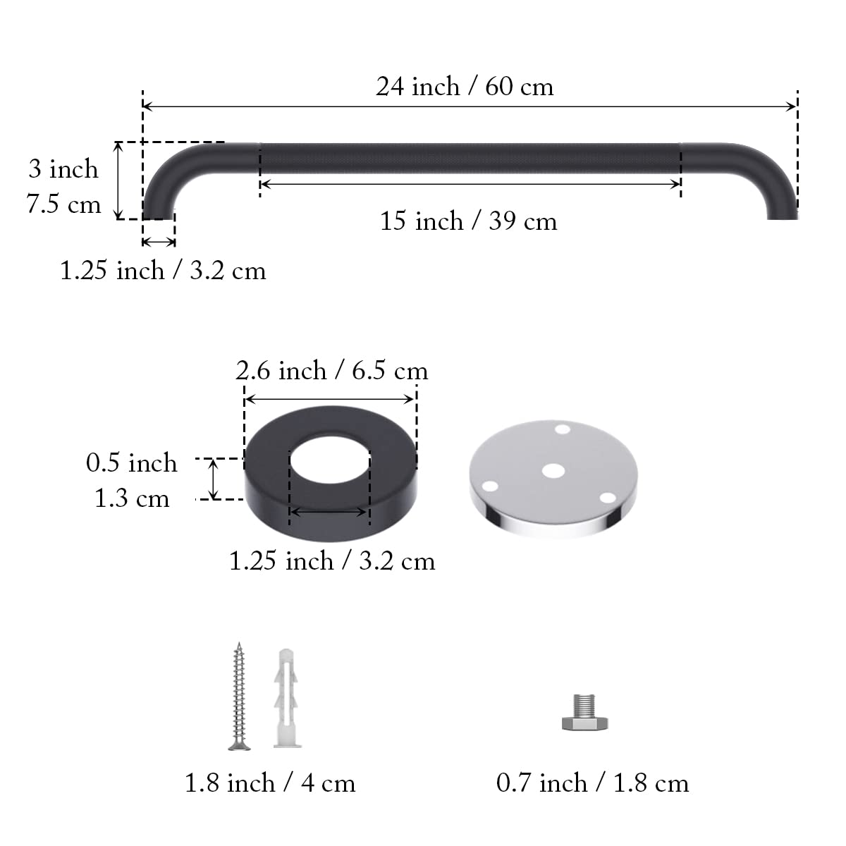 Munzong - Juego de 2 barras de agarre antideslizantes de 24 pulgadas para ducha, color negro aceitado de 1.25 pulgadas de diámetro, barra de agarre de baño moleteada, barra de equilibrio de baño