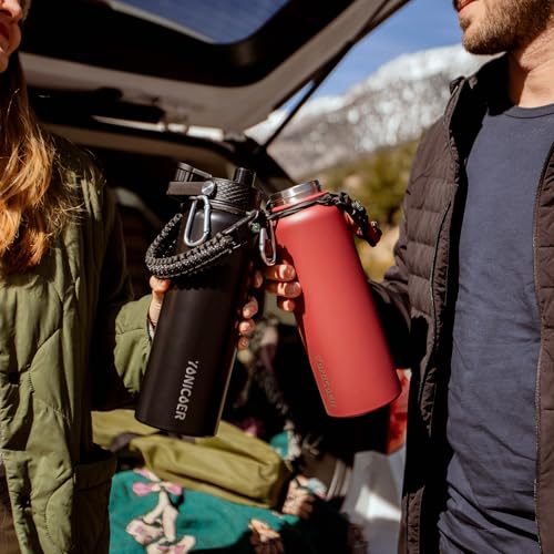 YONICOER Insulated Water Bottle 40oz,Triple Wall Vacuum Stainless Steel(Dishwasher Safe),Leak Proof & Non-BPA,Flask Jug with Paracord Handle & Straw Spout Lids Sports Red