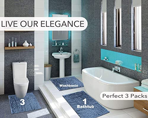 Bathroom Rugs Sets 3 Piece Chenille Bath Mats Anti-Slip Bath Rugs With Soft Plush Pvc Backing Water Absorbent Carpet 1'' Quick Dry Microfiber Toilet Mat, Haze Blue #TOP5